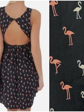 Roxy Black Sundress with Pink & White Flamingo motif high-low mini dress medium